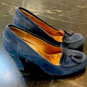 Sam Edelman Blue Suede Tasseled Chunky Heels